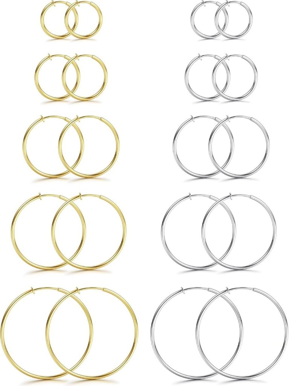 10 Pairs Clip-On Hoop Earrings for Women - Gold & Silver Fake Earrings Set